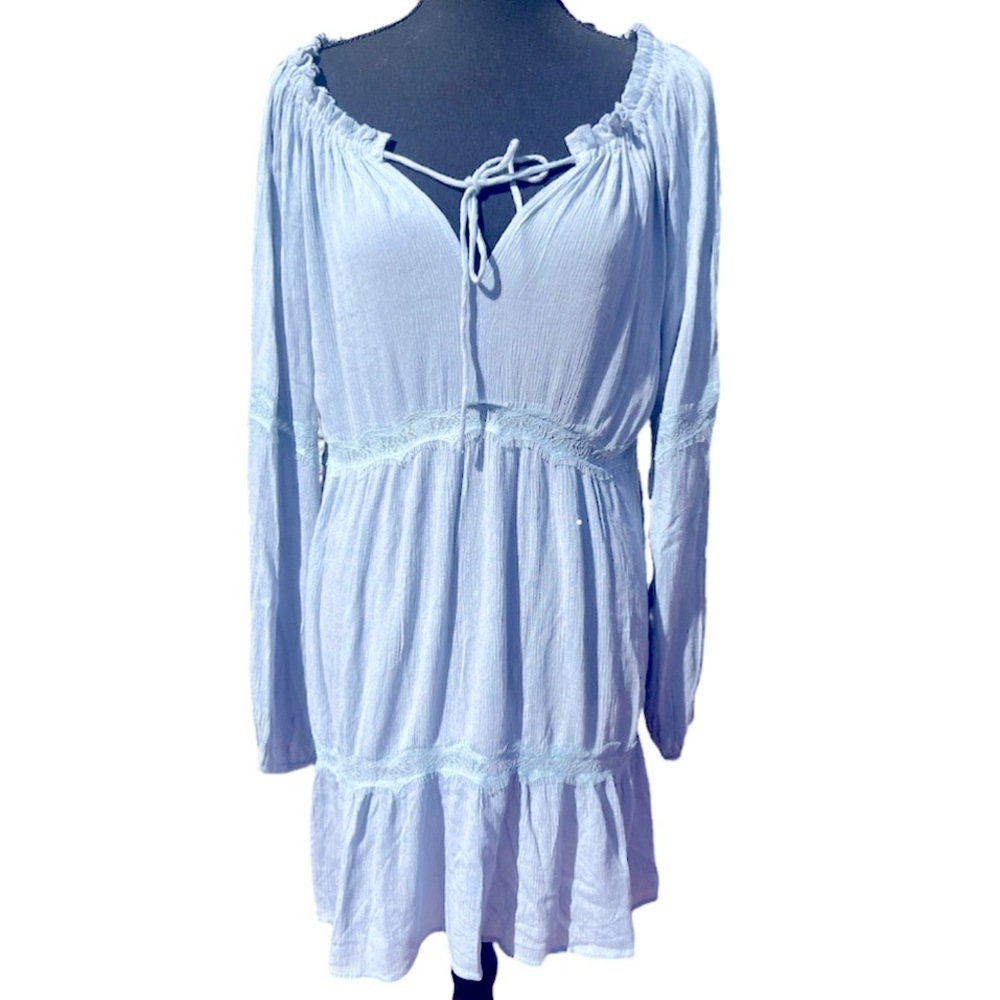 Kori Babydoll Empire Waist Tiered Long Peasant Sleeve Lace Trim Dress Blue L EUC